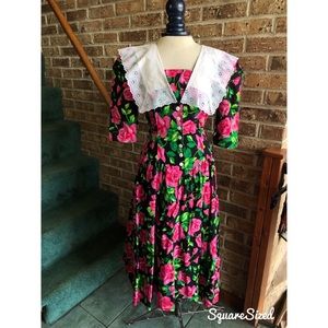 VTG 80s Retro Cottagecore Floral Basque Waist Dress